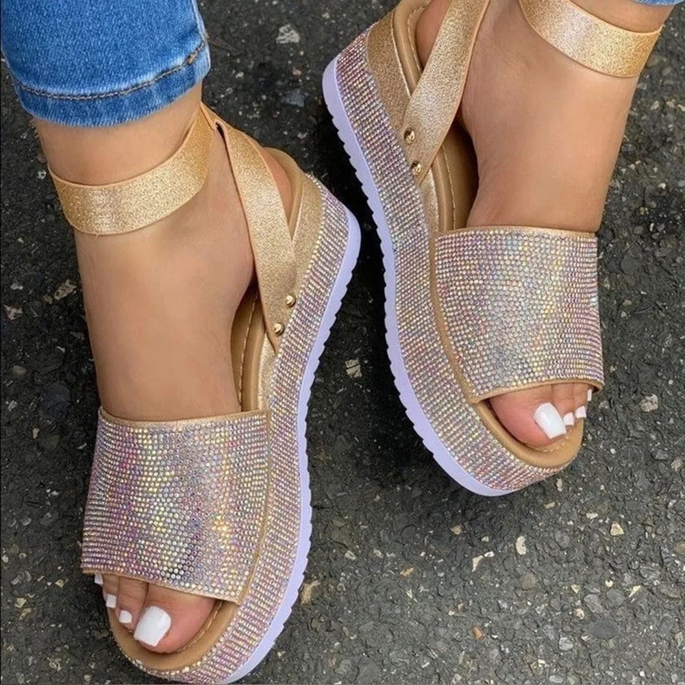 Womens Ankle Strap Rhinestones Glitter Platform Sandals Open Toe Wedge Shoes - Picture 2 of 5